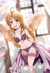 Rule 34 | 1girl, absurdres, blush, breasts, fire emblem, fire emblem: radiant dawn, green eyes, highres, kavajunn, leanne (fire emblem), long hair, looking at viewer, navel, nintendo, open mouth, small breasts, solo, sparkle background, window, wings