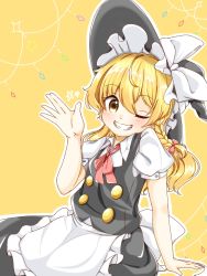 Rule 34 | 1girl, arm support, blonde hair, blush, bow, bowtie, braid, grin, hair bow, hat, hat bow, hat ribbon, kirisame marisa, long hair, looking at viewer, natsune ilasuto, one eye closed, puffy short sleeves, puffy sleeves, ribbon, short sleeves, side braid, simple background, single braid, sitting, skirt, skirt set, smile, solo, star (symbol), touhou, vest, waving, wavy hair, witch hat, yellow eyes
