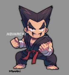 Rule 34 | 1boy, barefoot, belt, black hair, character name, clenched hands, dougi, facial hair, fighting stance, full body, grey background, highres, kotorai, looking ahead, male focus, mishima heihachi, mustache, pectoral cleavage, pectorals, red belt, signature, solo, standing, tekken, thick eyebrows, v-shaped eyebrows