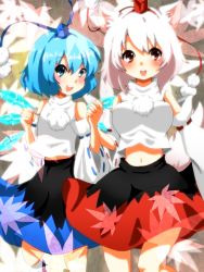 Rule 34 | 2girls, animal ears, bad id, bad pixiv id, bare shoulders, blue eyes, blue hair, blush, cirno, cosplay, detached sleeves, holding hands, hat, inubashiri momiji, inubashiri momiji (cosplay), leaf, maple leaf, midriff, multiple girls, navel, nomutarou, red eyes, short hair, silver hair, tail, tokin hat, touhou, wings, wolf ears, wolf tail