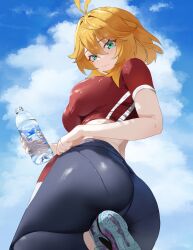 ass blonde_hair bottle breasts dokibird_(vtuber) fang green_eyes highres idolmia indie_virtual_youtuber looking_back pants tight_clothes virtual_youtuber water_bottle yoga_pants