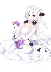 Rule 34 | 1girl, ahoge, artist request, azur lane, bare shoulders, black ribbon, blue eyes, blush, bow, breasts, cleavage, collarbone, commentary request, cosplay, dress, elbow gloves, gloves, hair bun, hair ribbon, highres, illustrious (azur lane), large breasts, long hair, looking at viewer, mole, mole under eye, parted lips, ribbon, simple background, single hair bun, sitting, smile, solo, stuffed animal, stuffed toy, stuffed unicorn, unicorn (azur lane), unicorn (azur lane) (cosplay), white background, white dress, white footwear, white gloves, white hair, white legwear