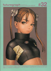 Rule 34 | 1girl, absurdres, breasts, brown hair, dated, frown, futuregraph, highres, leather, murata range, scan, small breasts, solo, twintails, watermark, web address