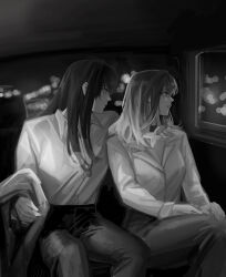 Rule 34 | 2girls, breasts, car interior, cleavage, collared shirt, deerwhisky, dress shirt, gradient hair, greyscale, highres, long hair, long sleeves, monochrome, multicolored hair, multiple girls, pants, path to nowhere, piercing hole, rahu (path to nowhere), shalom (path to nowhere), shirt, sidelocks, sitting