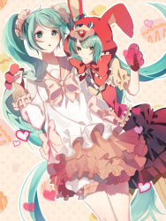 Rule 34 | 2girls, animal ears, animal hood, blush, collared shirt, dress, dual persona, frilled dress, frilled skirt, frilled sleeves, frills, gloves, green eyes, green hair, hatsune miku, heart, hood, hoodie, lol -lots of laugh- (vocaloid), long hair, long sleeves, looking at viewer, multiple girls, open mouth, rabbit ears, rabbit hood, red gloves, red ribbon, ribbon, shirt, short sleeves, skirt, tatsumi3, twintails, very long hair, vocaloid