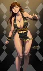 Rule 34 | 1girl, alternate costume, alternate hairstyle, argyle, argyle background, argyle clothes, bare arms, bare legs, bare shoulders, black dress, bracelet, braid, breasts, brown eyes, brown hair, capcom, china dress, chinese clothes, chun-li, cleavage, collarbone, cowboy shot, curvy, dress, female focus, groin, gzy, highres, jewelry, large breasts, legs, long hair, looking at viewer, matching hair/eyes, no bra, open mouth, pelvic curtain, rope, side braid, solo, street fighter, street fighter v, swept bangs, thighs