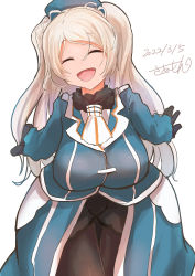 Rule 34 | 1girl, absurdres, ascot, atago (kancolle), atago (kancolle) (cosplay), beret, black gloves, black pantyhose, black skirt, blue jacket, blue skirt, breasts, conte di cavour (kancolle), cosplay, cowboy shot, dated, closed eyes, frills, fur collar, gloves, hat, highres, jacket, kantai collection, large breasts, long hair, long sleeves, military, military uniform, open mouth, pantyhose, saamon (salmonkomaku), signature, silver hair, skirt, smile, solo, two side up, uniform