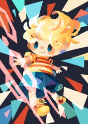 Rule 34 | 1boy, blonde hair, blue eyes, blue shorts, full body, hitofutarai, lucas (mother 3), male focus, mother (game), mother 3, nintendo, shirt, shoes, short hair, short sleeves, shorts, smile, socks, solo, striped clothes, striped shirt