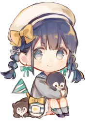 Rule 34 | &gt;:), 1girl, beret, black footwear, black hair, blue sailor collar, blush, bow, braid, chibi, closed mouth, commentary request, earrings, green bow, grey eyes, grey shirt, grey socks, hat, hat bow, jewelry, looking at viewer, original, pennant, sailor collar, school uniform, sencha (senta 10), serafuku, shirt, simple background, sitting, smile, socks, solo, stuffed animal, stuffed penguin, stuffed toy, teddy bear, twin braids, twintails, v-shaped eyebrows, white background, white hat, yellow bow