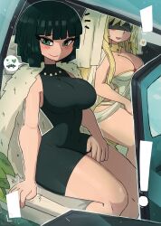 Rule 34 | !, 2girls, absurdres, black dress, blindfold, blonde hair, blush, breasts, cape, car, car interior, cleavage, crossover, dress, eyeshadow, fubuki (one-punch man), goblin slayer!, green eyes, green hair, heart, highres, large breasts, long hair, looking at viewer, makeup, motor vehicle, multiple girls, one-punch man, open mouth, plant, short hair, sitting, sleeveless, sleeveless dress, smile, sparkle, speech bubble, spoken car, spoken heart, strapless, strapless dress, sword maiden, teeth, thick thighs, thighs, tony welt, veil, white cape, white dress, white headwear, wide hips