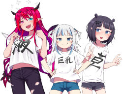 Rule 34 | + +, 3girls, :d, alternate costume, aqua eyes, black hair, black pants, black shorts, blue eyes, blue shorts, blunt bangs, clothes writing, commentary, crystal wings, double v, earrings, fangs, gawr gura, hair ornament, halo, hands on own hips, heterochromia, highres, hololive, hololive english, horns, irys (hololive), jewelry, konboi-eg, long hair, looking at viewer, low-tied long hair, medium hair, multicolored hair, multiple girls, ninomae ina&#039;nis, official alternate hair length, official alternate hairstyle, open mouth, pants, pointy ears, purple hair, red eyes, red hair, shark girl, shark hair ornament, shirt, short hair, short shorts, short sleeves, shorts, simple background, smile, smug, sweatdrop, t-shirt, torn clothes, torn pants, translated, two-tone hair, two side up, v, very long hair, virtual youtuber, white background, white hair, white shirt