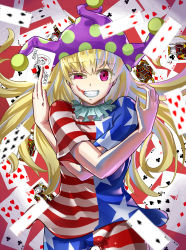 Rule 34 | 1girl, absurdres, american flag dress, american flag legwear, american flag shirt, bad id, bad pixiv id, between fingers, blonde hair, card, clownpiece, clubs, collar, colored eyelashes, cowboy shot, diamonds, elly (touhou), eyebrows, floating card, frilled collar, frilled shirt collar, frills, grin, gunjin (aguran), hat, heart, highres, holding, holding card, jester cap, joker (playing card), king (playing card), king of clubs, king of diamonds, king of hearts, king of spades, lipstick, long hair, looking at viewer, makeup, neck ruff, pantyhose, playing card, polka dot, purple eyes, queen (playing card), queen of diamonds, red background, short sleeves, smile, solo, spade, star (symbol), star print, striped, touhou, touhou (pc-98), uneven eyes, very long hair
