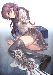 Rule 34 | 1girl, absurdres, amputee, android, android girl (itou), arm support, ass, bag, blush, bookbag, brown skirt, closed mouth, colorized, damaged, grey background, greyscale, highres, itou (onsoku tassha), loafers, long hair, looking at viewer, lying, mechanical parts, missing limb, monochrome, on side, original, panties, pleated skirt, sailor collar, school uniform, science fiction, serafuku, shirt, shoes, short sleeves, skirt, solo, sweat, thighhighs, thighs, underwear, white panties, white shirt
