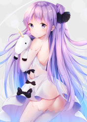 Rule 34 | 1girl, ass, azur lane, bare shoulders, black bow, black ribbon, blush, bow, closed mouth, commentary request, detached sleeves, dress, from side, grey background, hair bun, hair ribbon, highres, long hair, looking at viewer, looking to the side, hugging object, one side up, purple eyes, purple hair, ribbon, side bun, simple background, single hair bun, single side bun, solo, strapless, strapless dress, stuffed animal, stuffed toy, stuffed unicorn, stuffed winged unicorn, tamakinoki, thighhighs, unicorn (azur lane), very long hair, white dress, white thighhighs