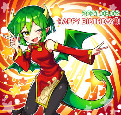 Rule 34 | 1girl, absurdres, black pants, blush, breasts, china dress, chinese clothes, dated, detached sleeves, double v, draco centauros, dragon girl, dragon horns, dragon tail, dragon wings, dress, fang, green hair, happy birthday, highres, horns, long sleeves, looking at viewer, medium breasts, offbeat, open mouth, pants, pointy ears, puyopuyo, red dress, short hair, smile, solo, tail, v, wings, yellow eyes