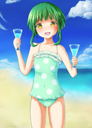 Rule 34 | 10s, 1girl, :d, beach, blue sky, bob cut, braid, brown eyes, casual one-piece swimsuit, cloud, covered navel, day, drink, green hair, kantai collection, kemo sam, long hair, ocean, one-piece swimsuit, open mouth, outdoors, polka dot, polka dot swimsuit, sand, sky, smile, solo, swimsuit, takanami (kancolle), water