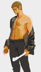 Rule 34 | 1boy, abs, bara, bare pectorals, black pants, bright pupils, brown hair, cor leonis, facial hair, feet out of frame, final fantasy, final fantasy xv, frown, goatee, highres, in higashiyama, jacket, long sideburns, looking at viewer, male focus, mature male, muscular, muscular male, navel, nipples, off shoulder, open clothes, open jacket, pants, pectorals, sideburns, solo, stomach, stubble, unfinished, white background