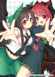 Rule 34 | 2girls, animal ears, bad id, bad pixiv id, black hair, black wings, blush, bow, cat ears, cat tail, fang, hair bow, kaenbyou rin, multiple girls, navel, open mouth, outstretched hand, red eyes, red hair, reiuji utsuho, symmetrical pose, tail, topia, touhou, wings