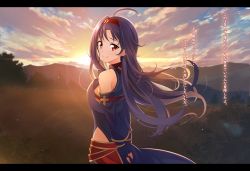 Rule 34 | 1girl, ahoge, armor, bare shoulders, cloud, cloudy sky, commentary request, day, detached sleeves, fingerless gloves, from behind, gloves, grass, hairband, highres, letterboxed, long hair, long sleeves, looking at viewer, nyanmaru, outdoors, pointy ears, purple armor, purple hair, red eyes, sky, smile, solo, sunset, sword art online, tears, translation request, tree, very long hair, yuuki (sao)