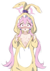 Rule 34 | 1girl, animal costume, blue archive, blush, halo, hood, hood up, koyuki (blue archive), long hair, long sleeves, looking at viewer, nipples, nose blush, ocha (popopogg), open mouth, pajamas, pink eyes, pink hair, pink halo, rabbit costume, simple background, solo, twintails, very long hair, white background