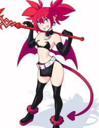 Rule 34 | 1girl, bare shoulders, belt, black choker, black gloves, black skirt, black thighhighs, breasts, choker, demon girl, demon tail, demon wings, disgaea, earrings, elbow gloves, etna (disgaea), fang, gloves, grin, highres, holding, holding staff, jewelry, long hair, looking at viewer, navel, pale skin, pointy ears, red eyes, red hair, rob ishi, skirt, skull earrings, small breasts, smile, solo, staff, standing, stomach, tail, teeth, thighhighs, twintails, white belt, wings