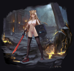 Rule 34 | animal ears, arknights, artist name, aztodio, black footwear, black thighhighs, breasts, brown eyes, brown hair, cleft of venus, commentary, full body, highres, holding, holding shield, holding sword, holding weapon, large breasts, long hair, looking at viewer, nipples, nude, outdoors, pussy, raccoon ears, raccoon girl, raphtalia, red footwear, shield, shoes, smile, solo, standing, sword, tate no yuusha no nariagari, thighhighs, two-tone footwear, uncensored, watermark, weapon, web address
