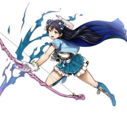 Rule 34 | 10s, 1girl, arrow (projectile), blue footwear, blue hair, blue skirt, boots, bow (weapon), cape, cross-laced footwear, flower, gloves, hair flower, hair ornament, knee boots, lace-up boots, long hair, love live!, love live! school idol festival, love live! school idol project, neo-masterpeacer, open mouth, simple background, skirt, solo, sonoda umi, weapon, white background, white gloves, yellow eyes