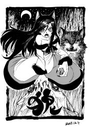 Rule 34 | 1girl, angry, animal ear fluff, animal ears, bamboo, bamboo forest, bare shoulders, black hair, black nails, breasts, brooch, claws, crescent moon, dated, dress, fang, fingernails, forest, greyscale, hair between eyes, heran hei mao, imaizumi kagerou, jewelry, long fingernails, long hair, long sleeves, looking at viewer, monochrome, moon, multicolored clothes, multicolored dress, nail polish, nature, night, night sky, on rock, open mouth, pendant, rock, shoes, sky, slit pupils, squatting, star (sky), starry sky, touhou, v-shaped eyebrows, wolf, wolf ears