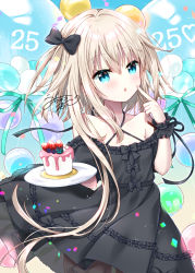 Rule 34 | 1girl, :o, asymmetrical hair, balloon, black bow, black dress, black sleeves, blonde hair, blue eyes, blush, bow, brown pantyhose, cake, collarbone, commentary request, criss-cross halter, detached sleeves, dress, food, frilled dress, frills, hair between eyes, hair bow, halterneck, hand up, heart, holding, holding plate, looking at viewer, original, pantyhose, parted lips, plate, puffy short sleeves, puffy sleeves, short sleeves, signature, solo, tia-chan, uchuuneko, wrist cuffs