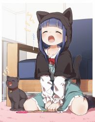 Rule 34 | :o, absurdres, animal, animal ears, animal hood, between legs, black capelet, black cat, black socks, blue dress, blue hair, blush, bow, brown footwear, capelet, cat, cat ears, cat hood, cat tail, closed eyes, collared shirt, commentary request, couch, dress, fake animal ears, frilled dress, frills, fur-trimmed capelet, fur-trimmed hood, fur trim, hand between legs, highres, hood, hood up, hooded capelet, idolmaster, idolmaster cinderella girls, indoors, kneehighs, loafers, long hair, on floor, open mouth, red bow, sajo yukimi, shirt, shoes, sidelocks, sitting, socks, tail, tears, translation request, wariza, white shirt, yawning, yukie (kusaka shi)