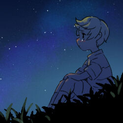 Rule 34 | 1boy, blush, closed eyes, crying, from side, looking ahead, lucas (mother 3), male focus, mother (game), mother 3, night, night sky, nintendo, on grass, outdoors, profile, shifumame, shirt, short hair, short sleeves, sitting, sky, socks, solo, striped clothes, striped shirt, tears