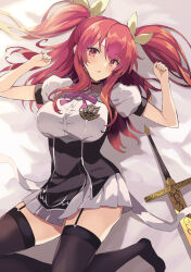 Rule 34 | 1girl, black thighhighs, breasts, garter straps, highres, large breasts, looking at viewer, lying, rakudai kishi no cavalry, rasahan, red eyes, shirt, skirt, solo, stella vermillion, sword, thighhighs, twintails, twitter, weapon, white shirt, white skirt