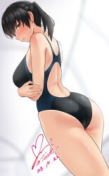 Rule 34 | 1girl, absurdres, amagami, ass, black eyes, black hair, black one-piece swimsuit, breasts, commentary, competition swimsuit, crossed arms, dated, dutch angle, from behind, highres, large breasts, looking at viewer, looking back, one-piece swimsuit, ponytail, signature, solo, swimsuit, tsukahara hibiki, twitter username, two-tone swimsuit, yoo tenchi