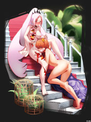 Rule 34 | 2girls, absurdres, ahoge, bar censor, barefoot, blush, cage, censored, character request, demon pillar (fate), fate/grand order, fate (series), feet, fellatio, fujimaru ritsuka (female), futanari, hair ornament, hair scrunchie, highres, long hair, long sleeves, monster girl, multiple girls, ninai, nipples, nude, one side up, oral, penis, personification, pink hair, pussy, red eyes, scrunchie, stairs, testicles