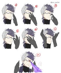 Rule 34 | 1boy, adjusting eyewear, black gloves, black hair, closed mouth, fate/grand order, fate (series), glasses, gloves, heart, male focus, multicolored hair, multiple views, opaque glasses, pvc parfait, sigurd (fate), spoken heart, sweat, nervous sweating, trembling, twitter username, two-tone hair, white hair