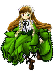 Rule 34 | 00s, 1girl, blush, brown hair, corset, dress, drill hair, flat chest, frills, full body, green dress, green eyes, hat, heterochromia, lolita fashion, long hair, pantyhose, red eyes, ribbon, rozen maiden, shoes, solo, straightchromia, suiseiseki, twin drills, twintails, very long hair, white background