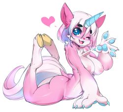 Rule 34 | 1girl, animal ears, blue eyes, breasts, cat ears, claws, fang, furry, heart, horns, horse tail, large areolae, lego, lying, nipples, one eye closed, pink fur, pink hair, princess unikitty, simple background, single horn, slugbox, star-shaped pupils, star (symbol), symbol-shaped pupils, tail, the lego group, the lego movie, white background, wink