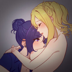Rule 34 | 2girls, alternate hairstyle, blonde hair, blush, breasts, closed eyes, collared shirt, commentary request, drill hair, earrings, face to breasts, facing another, grey background, hair bun, highres, hug, jewelry, looking at another, love live!, love live! sunshine!!, matsuura kanan, medium breasts, medium hair, multiple girls, nude, nyasa, ohara mari, open clothes, open mouth, open shirt, purple eyes, purple hair, purple shirt, shirt, sidelocks, single hair ring, twin drills, upper body, yuri