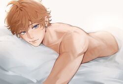 Rule 34 | 1boy, ahoge, blanket, blue eyes, butt crack, closed mouth, collarbone, commentary, earrings, english commentary, genshin impact, hair between eyes, highres, jewelry, light smile, looking at viewer, lying, male focus, nokkusuart, nude, on back, on bed, orange hair, pillow, short hair, solo, tartaglia (genshin impact), upper body