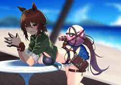 Rule 34 | 1girl, absurdres, agnes tachyon (lunatic lab) (umamusume), agnes tachyon (umamusume), animal ears, belt, bikini, black bikini, blue shorts, blurry, blurry background, blush, breasts, cleavage, flask, gloves, green jacket, highres, horse ears, horse girl, horse tail, jacket, large breasts, leaning on table, nebusoku, open mouth, outdoors, own hands together, red eyes, round-bottom flask, shirt, short hair, short ponytail, short shorts, short sleeves, shorts, single glove, smile, solo, standing, steepled fingers, swimsuit, table, tail, thigh strap, tied shirt, umamusume