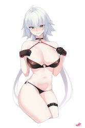 Rule 34 | 1girl, absurdres, ahoge, angry, bikini, clenched teeth, collarbone, fate/grand order, fate (series), gloves, hair between eyes, halterneck, highres, jeanne d&#039;arc alter (fate), kurozawa yui, long hair, navel, o-ring, o-ring bikini, pale skin, simple background, solo, swimsuit, teeth, thigh strap, twisted torso, white hair, yellow eyes