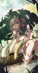 Rule 34 | 1girl, absurdres, bracelet, commentary, dress, genshin impact, green eyes, hair ornament, highres, holding, jewelry, leaf, long hair, looking afar, looking up, nahida (genshin impact), parted lips, pointy ears, side ponytail, sitting, sleeveless, sleeveless dress, solo, sunlight, toga (toganawa), wading, white dress, white footwear, white hair
