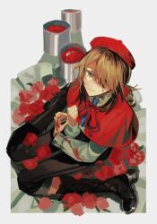 Rule 34 | 1boy, beret, black footwear, blood, blood on clothes, blood on face, blue eyes, blue necktie, boots, bow, brown hair, capelet, closed mouth, collared shirt, cross-laced footwear, edgar valden, expressionless, flower, full body, hair bow, hair over one eye, hat, identity v, kaminai404, knee boots, lace-up boots, long sleeves, looking at viewer, male focus, medium hair, necktie, paint can, ponytail, red bow, red capelet, red flower, red hat, red rose, rose, seiza, shirt, sitting, solo, white background, white shirt