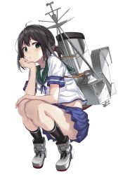 Rule 34 | 1girl, ahoge, anchor, anchor symbol, black hair, black socks, blue skirt, blush, breasts, closed mouth, commentary, elbow rest, fubuki (kancolle), full body, green eyes, green sailor collar, hair between eyes, hair tie, head rest, highres, kantai collection, kneehighs, looking at viewer, low ponytail, machinery, mast, midriff, midriff peek, neckerchief, oweee, pleated skirt, rigging, rudder footwear, sailor collar, school uniform, serafuku, short ponytail, short sleeves, simple background, sitting, skirt, small breasts, smokestack, socks, solo, squatting, strap, white background