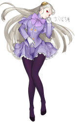 Rule 34 | 1girl, absurdres, blonde hair, bow, bowtie, buttons, capcom fighting jam, closed mouth, expressionless, finger to mouth, frilled skirt, frills, full body, gloves, hairpods, hand up, head tilt, highres, ingrid (capcom), long hair, long sleeves, looking at viewer, no shoes, pantyhose, purple bow, purple bowtie, purple pantyhose, purple skirt, red eyes, skirt, solo, standing, tetsu (kimuchi), very long hair, white gloves
