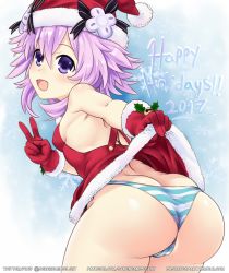 Rule 34 | 1girl, armpits, ass, bare shoulders, blush, breasts, butt crack, choujigen game neptune, christmas, clothes lift, commission, dress, dress lift, english text, from behind, gloves, gradient background, hat, highres, huge ass, looking at viewer, neptune (neptunia), neptune (series), open mouth, panties, purple eyes, purple hair, santa costume, santa hat, sereneandsilent, shiny skin, short hair, sideboob, skindentation, smile, solo, striped clothes, striped panties, thighhighs, thighs, underwear, v