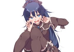 Rule 34 | 1girl, black nails, blue eyes, blue hair, character request, copyright request, fang, gothic lolita, highres, kyou (kyo u), lolita fashion, long hair, nail polish, open mouth, paw pose, sitting, solo, very long hair, white background