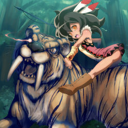 Rule 34 | 1girl, animal, arched back, arm guards, arm support, ass, atlus, bad id, bad pixiv id, beast king (sekaiju), black hair, boots, bottomless, etrian odyssey, feathers, glowing, glowing eye, grabbing, head tilt, highres, jungle, nature, open mouth, orange eyes, polearm, sekaiju no meikyuu, sekaiju no meikyuu 3, sitting, sleeveless, solo, spear, takeda yukimura, tiger, weapon