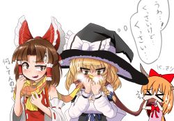 Rule 34 | &gt; &lt;, 3girls, benikurage (cookie), black hat, blonde hair, blue bow, blush, bow, breasts, brown eyes, brown hair, brown scarf, cleavage, cookie (touhou), fang, hair bow, hair tubes, hakurei reimu, hat, highres, holding, horns, ibuki suika, kirisame marisa, large breasts, long sleeves, looking at another, looking away, mars (cookie), multiple girls, orange hair, pai kebon baa, parted lips, red bow, scarf, short hair, sweat, thought bubble, touhou, translation request, witch hat