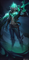 Rule 34 | 1boy, abs, absurdres, black footwear, black gloves, black jacket, black pants, black sclera, boots, colored sclera, cropped jacket, gloves, green eyes, grey hair, highres, holding, holding sword, holding weapon, jacket, knee boots, league of legends, long hair, looking at viewer, male focus, navel, open clothes, open jacket, pants, qqquain, ruined (league of legends), solo, sword, viego (league of legends), weapon